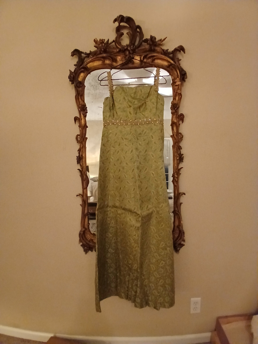 Bespoke Vintage Olive Green Beaded-Waist Maxi Dress